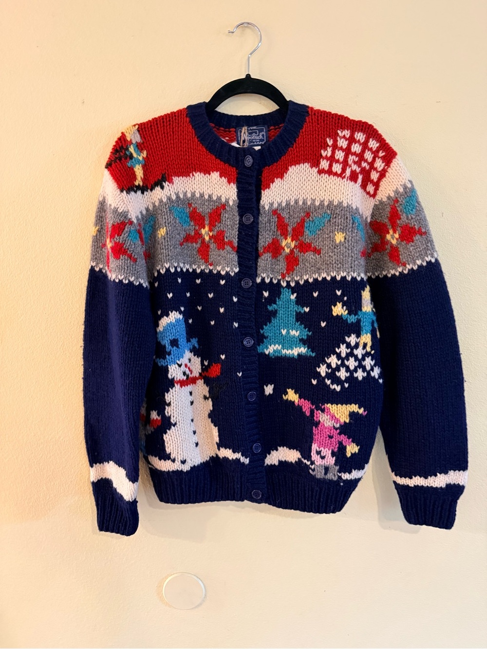 Woolrich women's Navy Holiday Snowman Knit Cardigan ski lift size medium